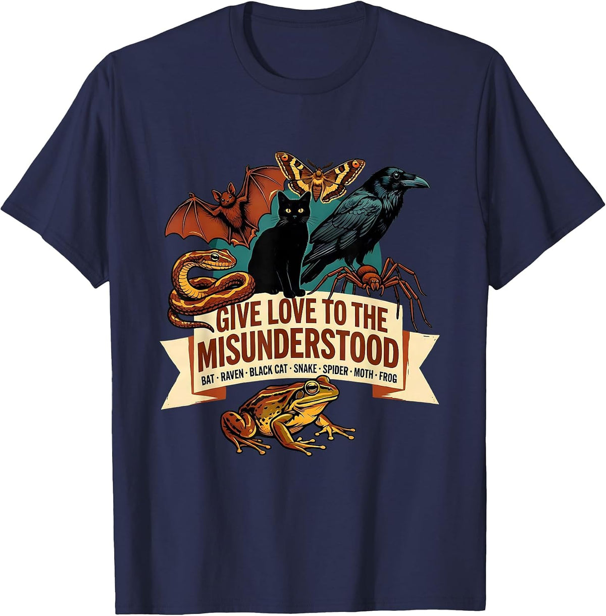 Men's Give Love To The Misunderstood Bat Raven Snake Spider Cat T-Shirt - Navy Blue