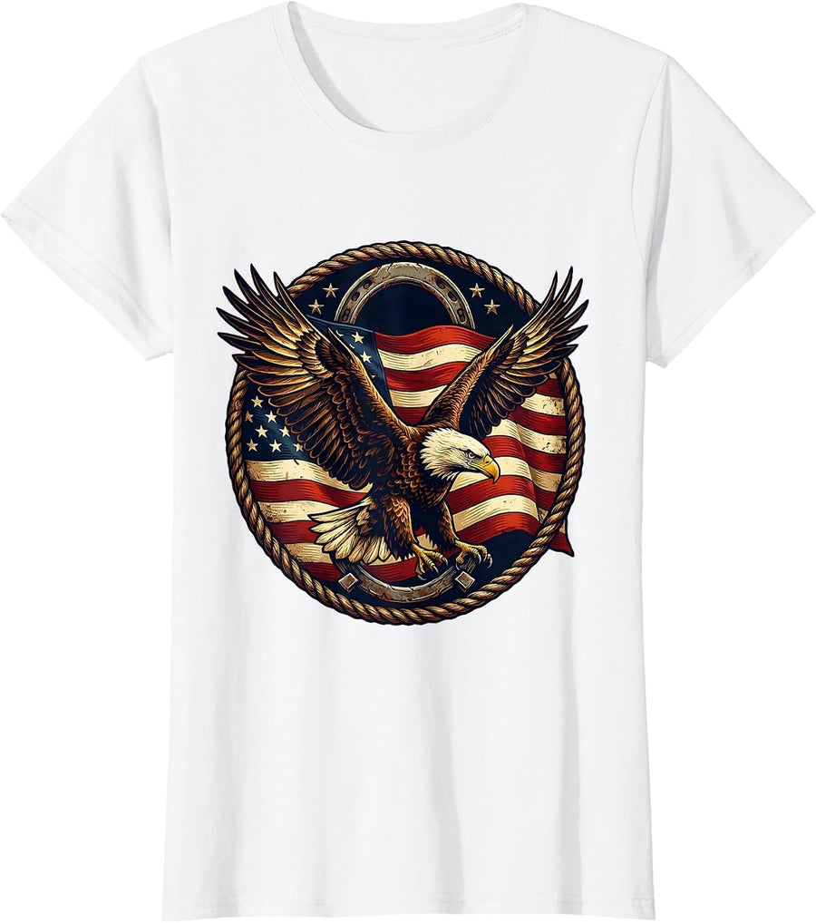 Women's Bald Eagle Soaring American Flag Patriotic Design T-Shirt - White