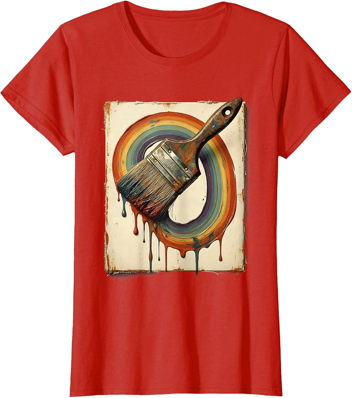 Women's Preschool Teacher Rainbow Paintbrush Canvas Art T-Shirt - Red