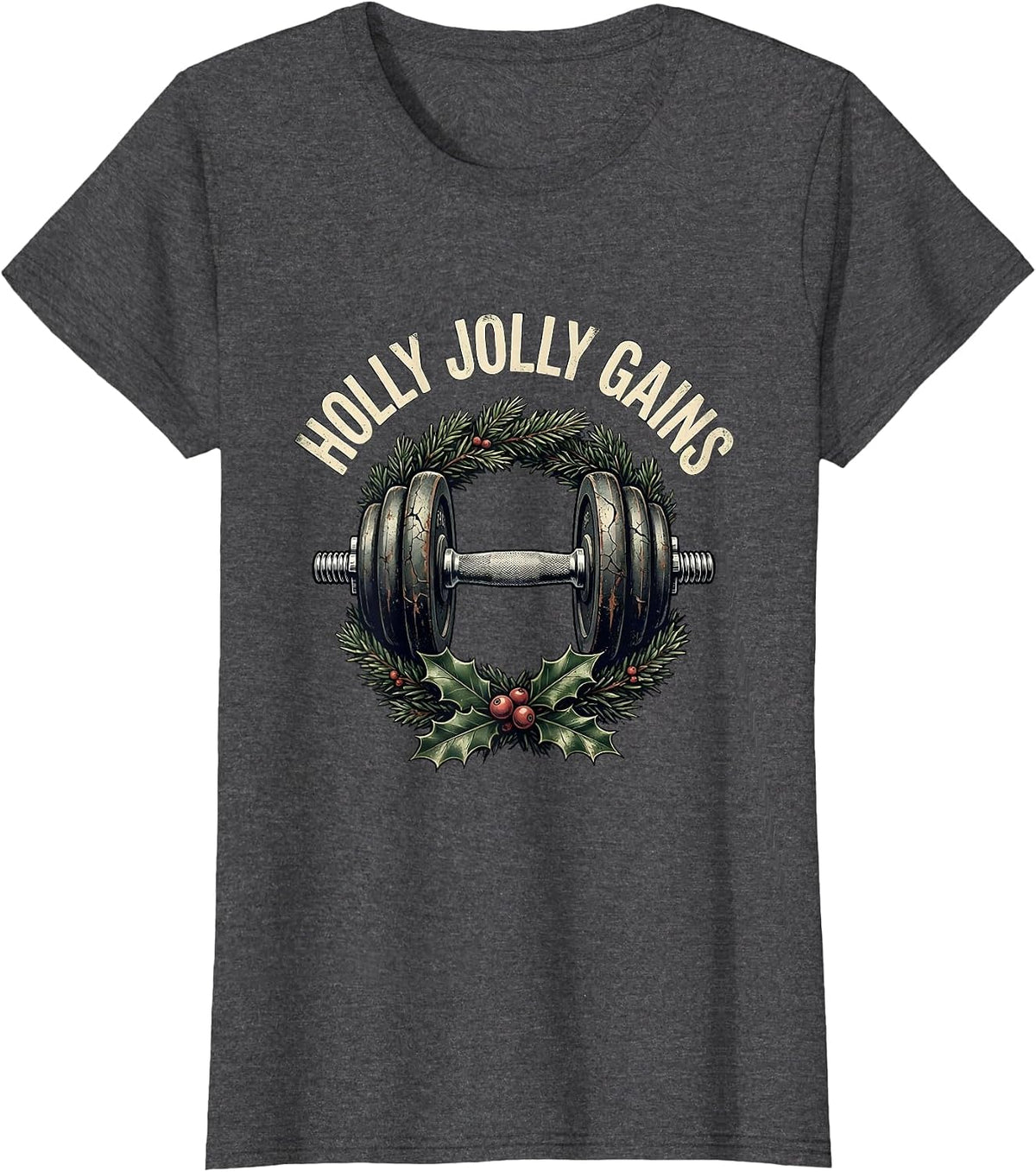Women's Holly Jolly Gains Distressed Funny Christmas Weightlifting T-Shirt - Dark Heather Grey
