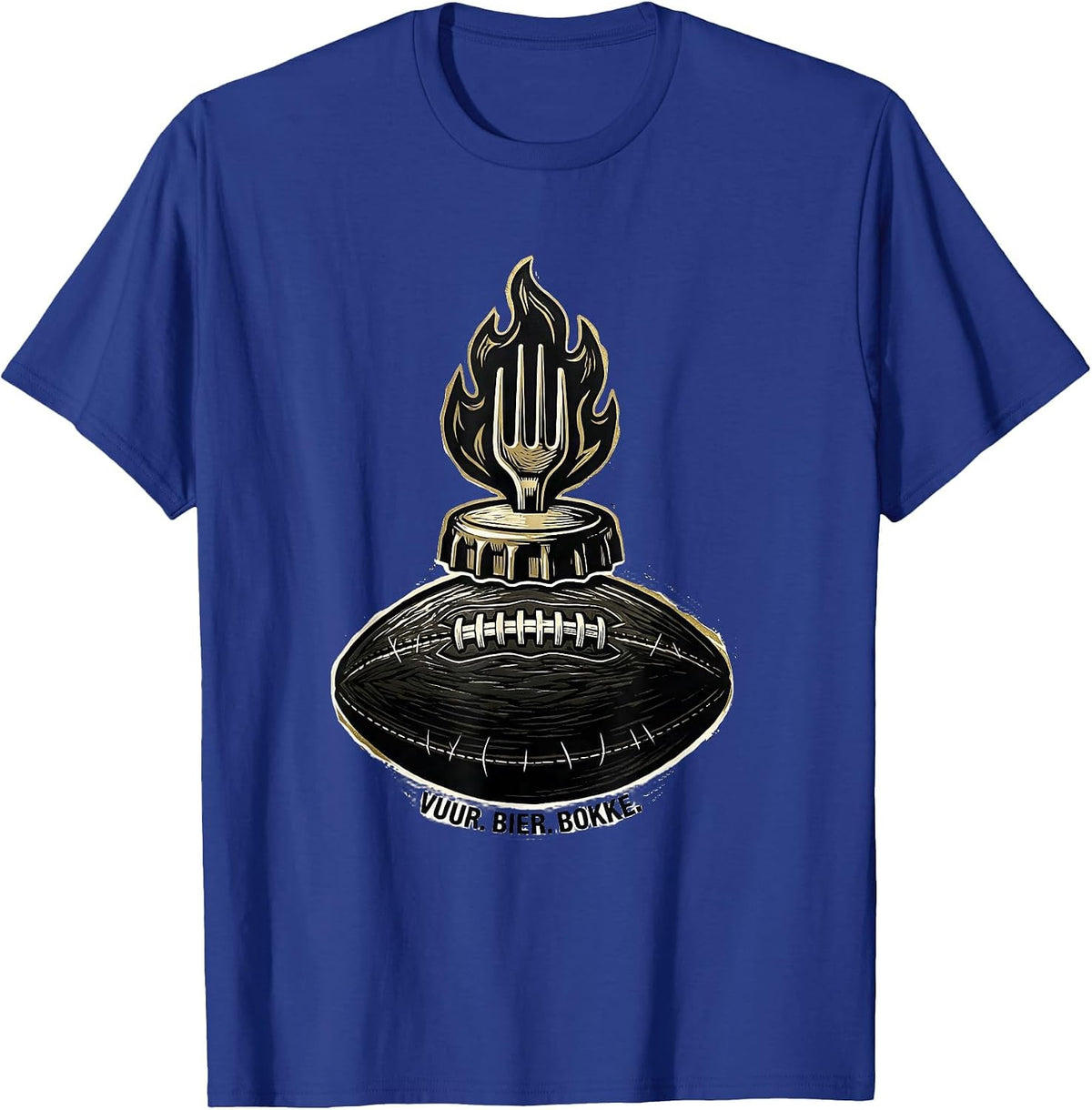 Vuur. Bier. Bokke. Linocut South African Rugby Bokke Fan T-Shirt - Royal Blue