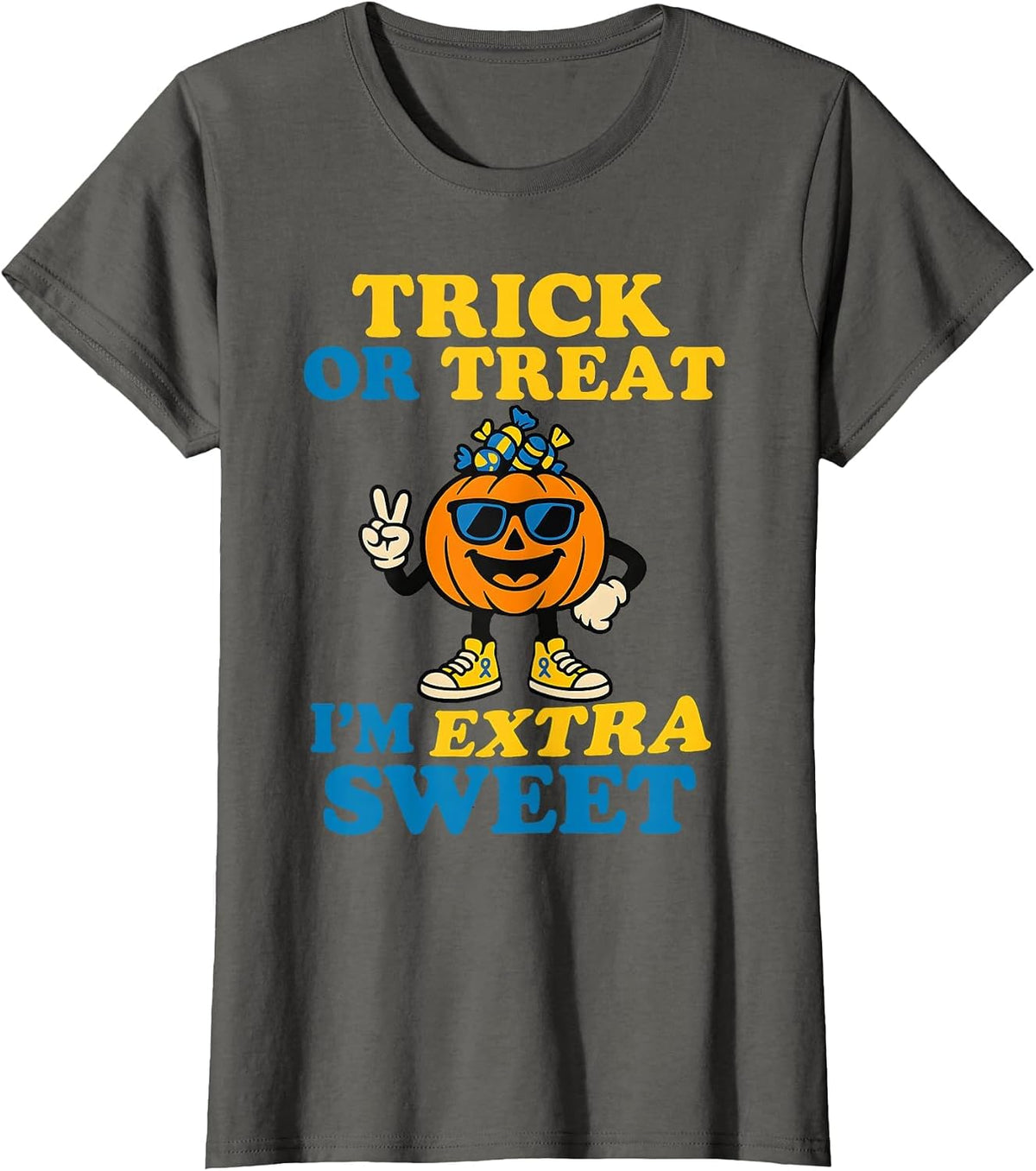 Down Syndrome Halloween Trick Or Treat Pumpkin Candy Cute T-Shirt - Asphalt Grey