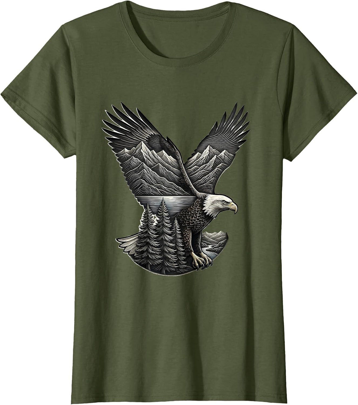 Women's Bald Eagle Flight Mountain Landscape Wildlife Lover T-Shirt - Olive Green