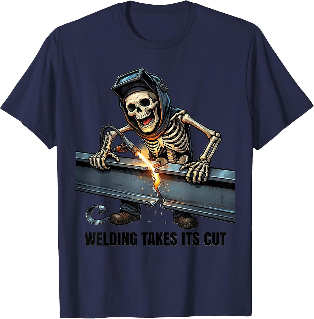 Men's Welding Takes Its Cut Funny Skeleton Welder Tradesman Humor T-Shirt - Navy Blue