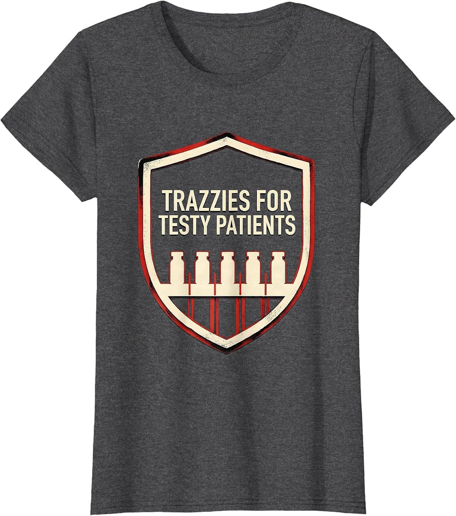 Women's Trazzies For Testy Patients Funny Vet Tech Veterinary T-Shirt - Dark Heather Grey