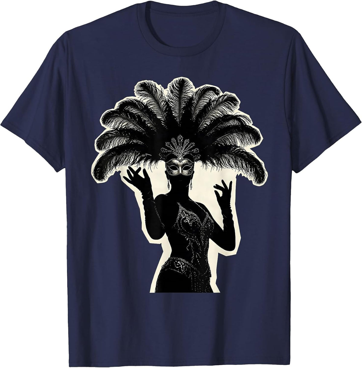 Masked Showgirl Venetian Feather Mask Illustration T-Shirt - Navy Blue