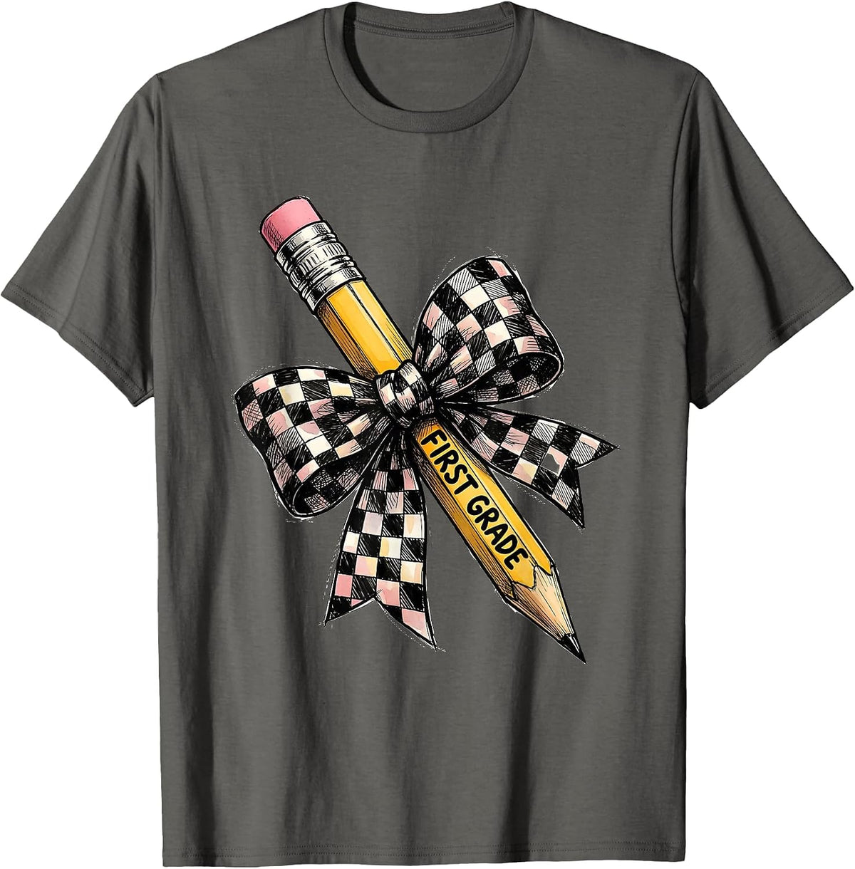 Men's First Grade Cute Coquette Bow Pencil Back to School Teacher T-Shirt - Asphalt Grey