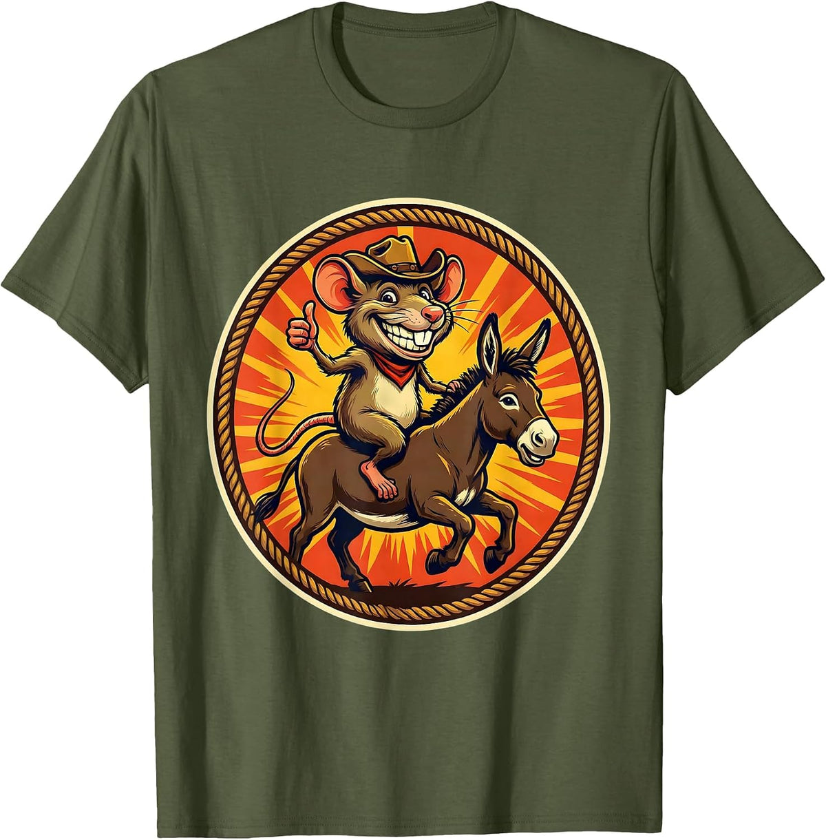 Rat Riding a Donkey Into the Sunset T-Shirt - Olive Green