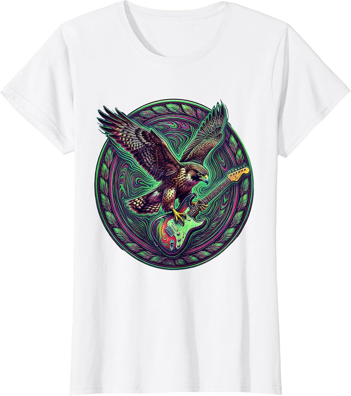 Falcon Diving With Electric Guitar Graphic T-Shirt - White