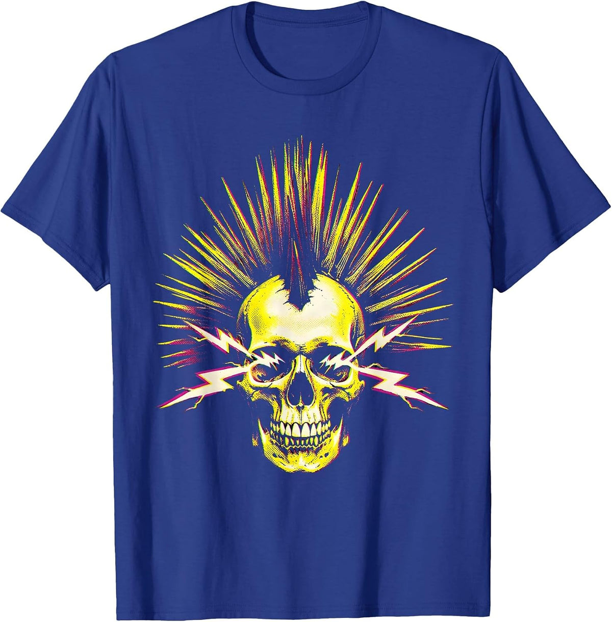 Men's Punk Mohawk Skull Lightning Bolt Eyes Design T-Shirt - Royal Blue