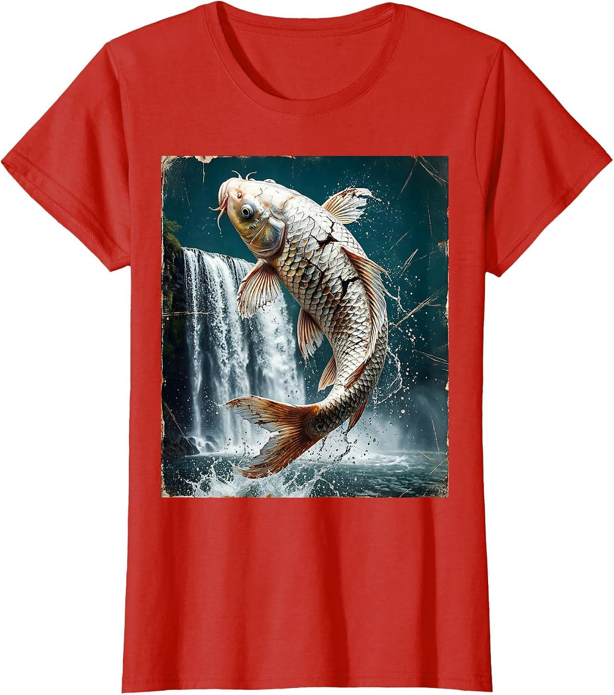 Women's White Koi Fish Leaping Upstream Waterfall Design T-Shirt - Red