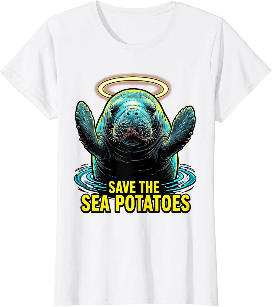 Women's Save The Sea Potatoes Pop Art Manatee Lover Crystal River T-Shirt - White