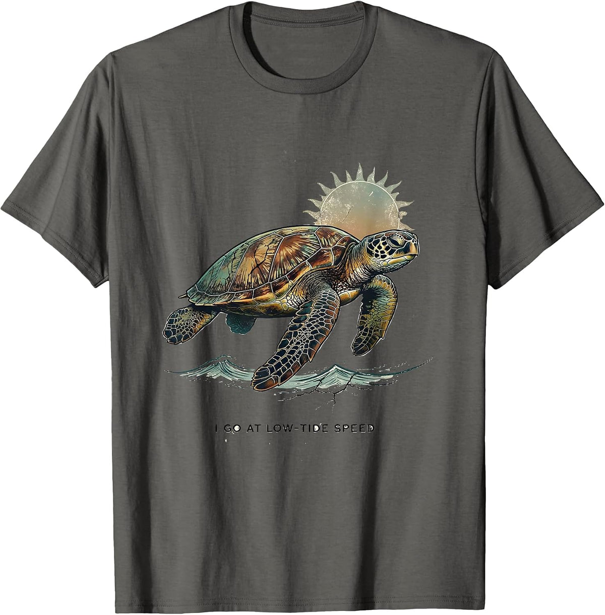 Men's I Go At Low-Tide Speed Vintage Sea Turtle Beach Souvenir T-Shirt - Asphalt Grey