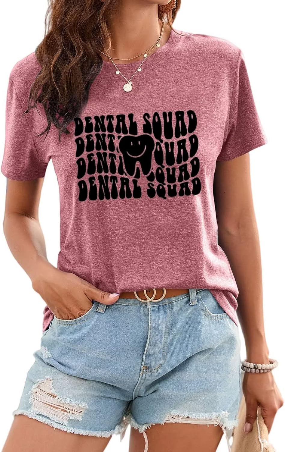 HONTOUTE Women's Dental Squad T-Shirt Funny Dentist Assistant School Hygienist Graphic Tee Tops Blouse - Pink