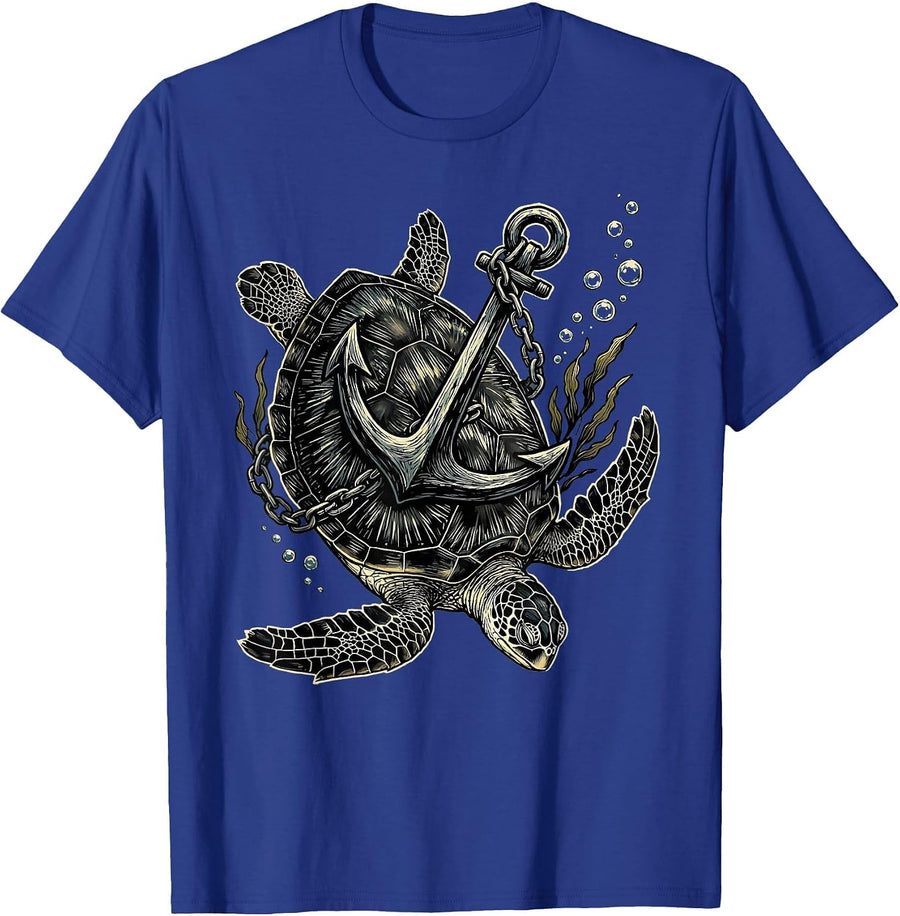 Turtle and Anchor Sinking Into the Deep Sea T-Shirt - Royal Blue