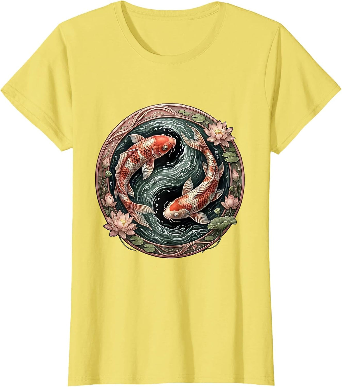 Koi Fish Swimming Upstream Illustration T-Shirt - Lemon Yellow