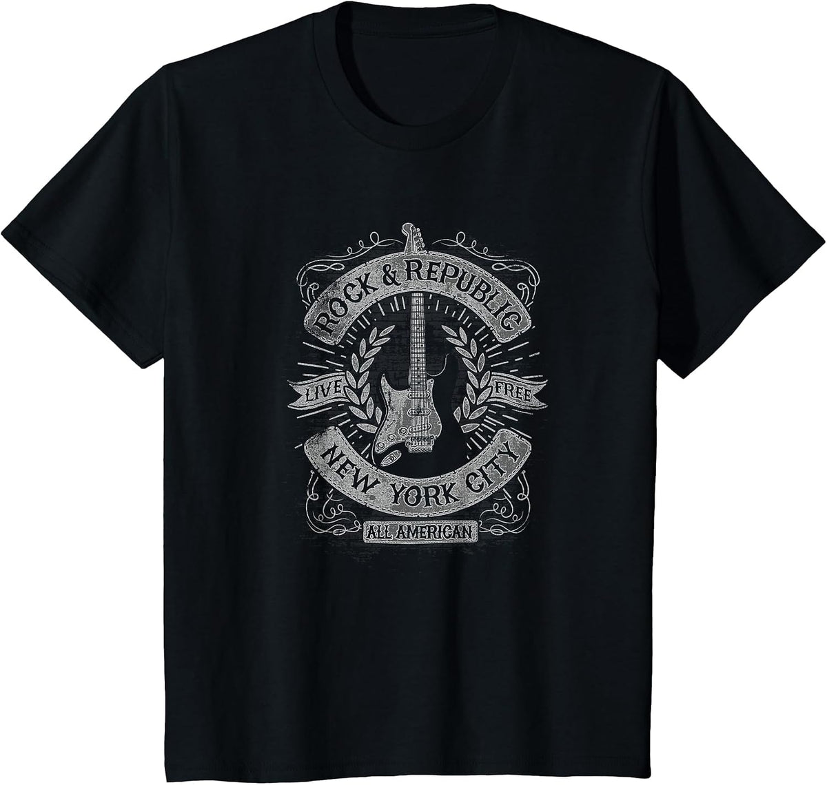 Trendy Rock and Republic NY Guitar Poster T-Shirt - Black