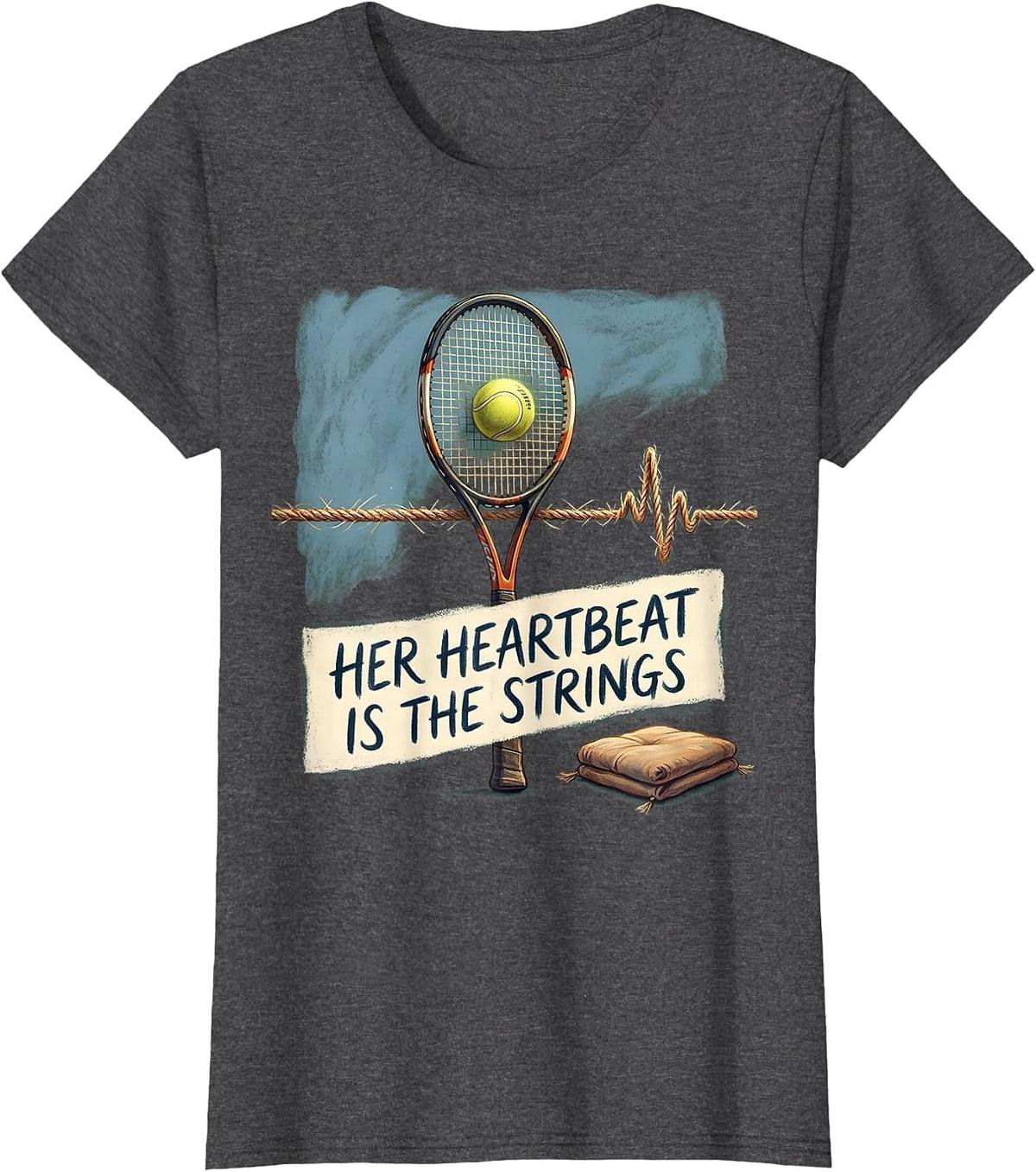 Women's Her Heartbeat Is The Strings Storybook Tennis Lover Gift T-Shirt - Dark Heather Grey