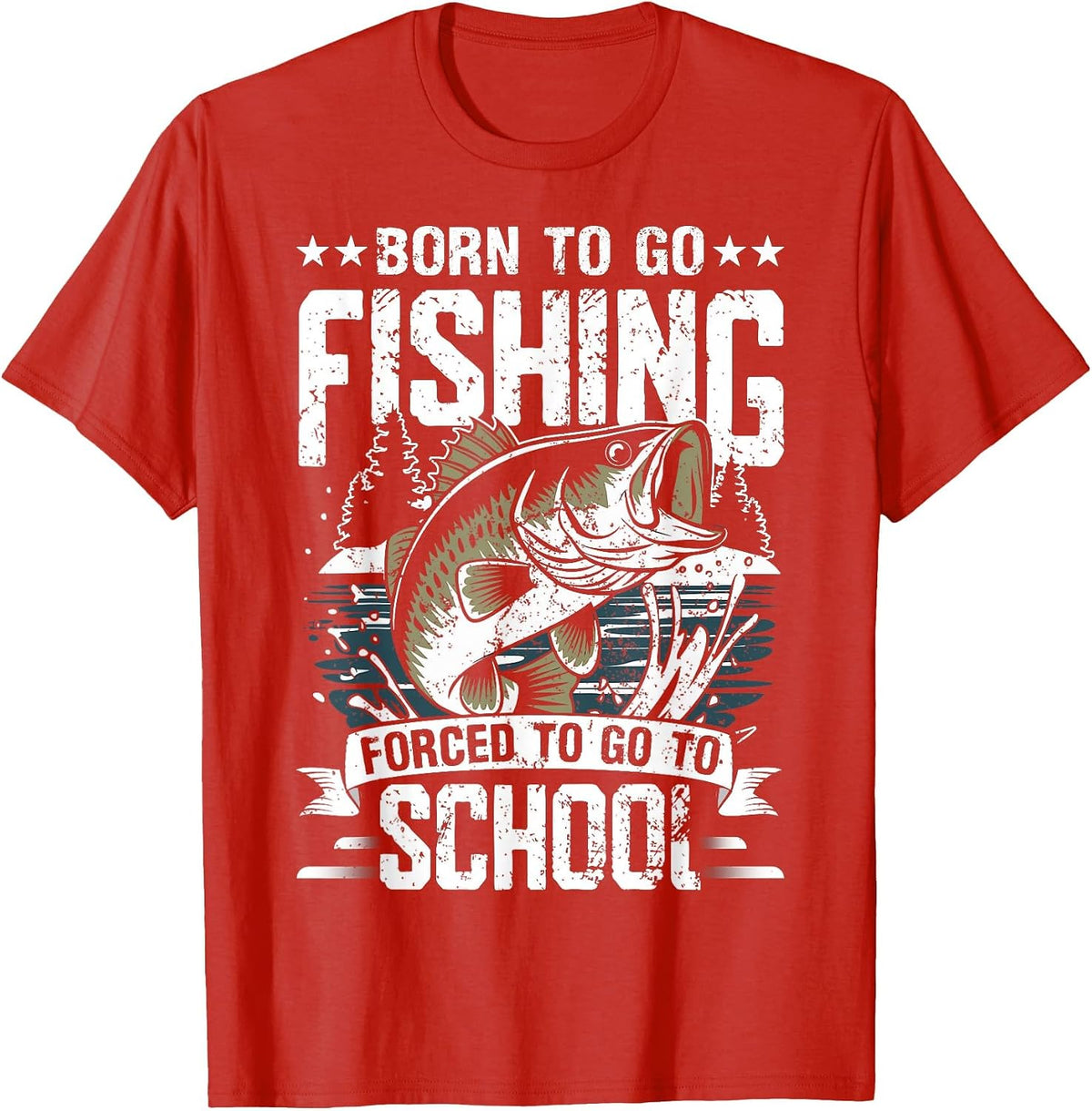 Teen Boys Fishing Shirt Forced to Go to School Bass Fish T-Shirt - Red