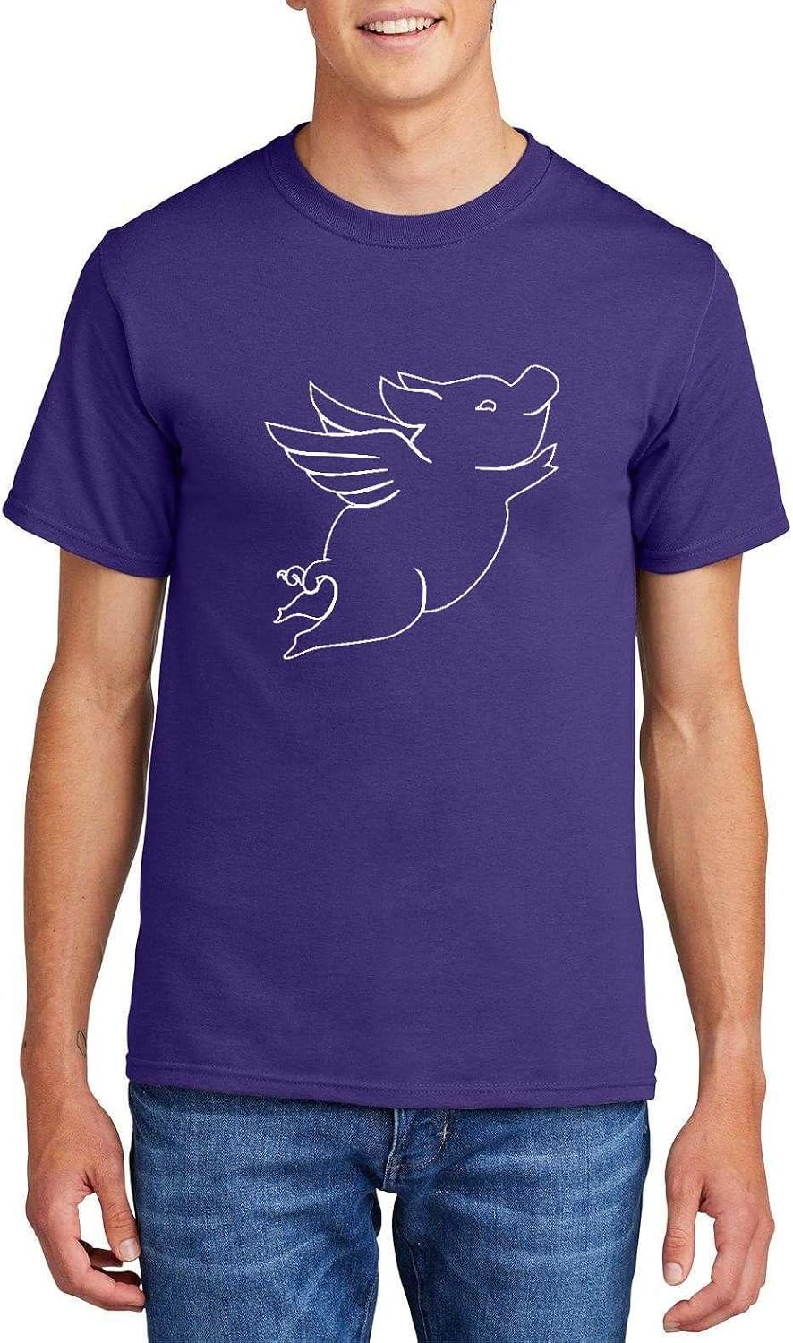 Flying Pig Graphic Top Funny When Pigs Fly Cute Animal Humor Design Cotton Tee Adult Youth Tall Men Women - Mens Crew Purple