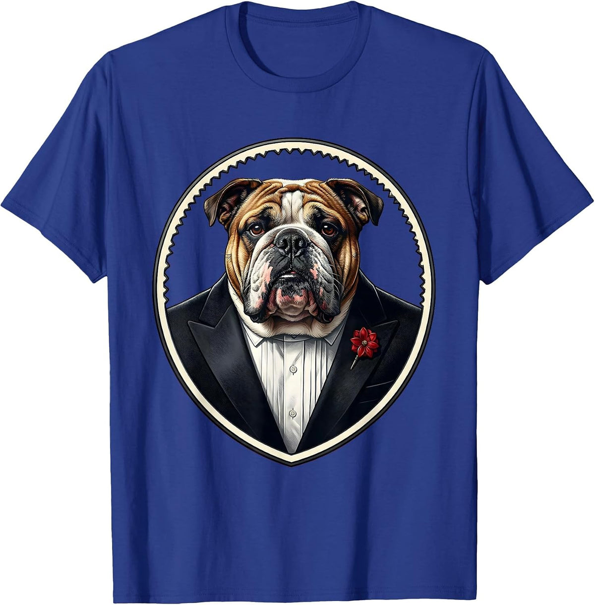Dapper Bulldog Tuxedo with Boutonniere Illustration T-Shirt - Royal Blue