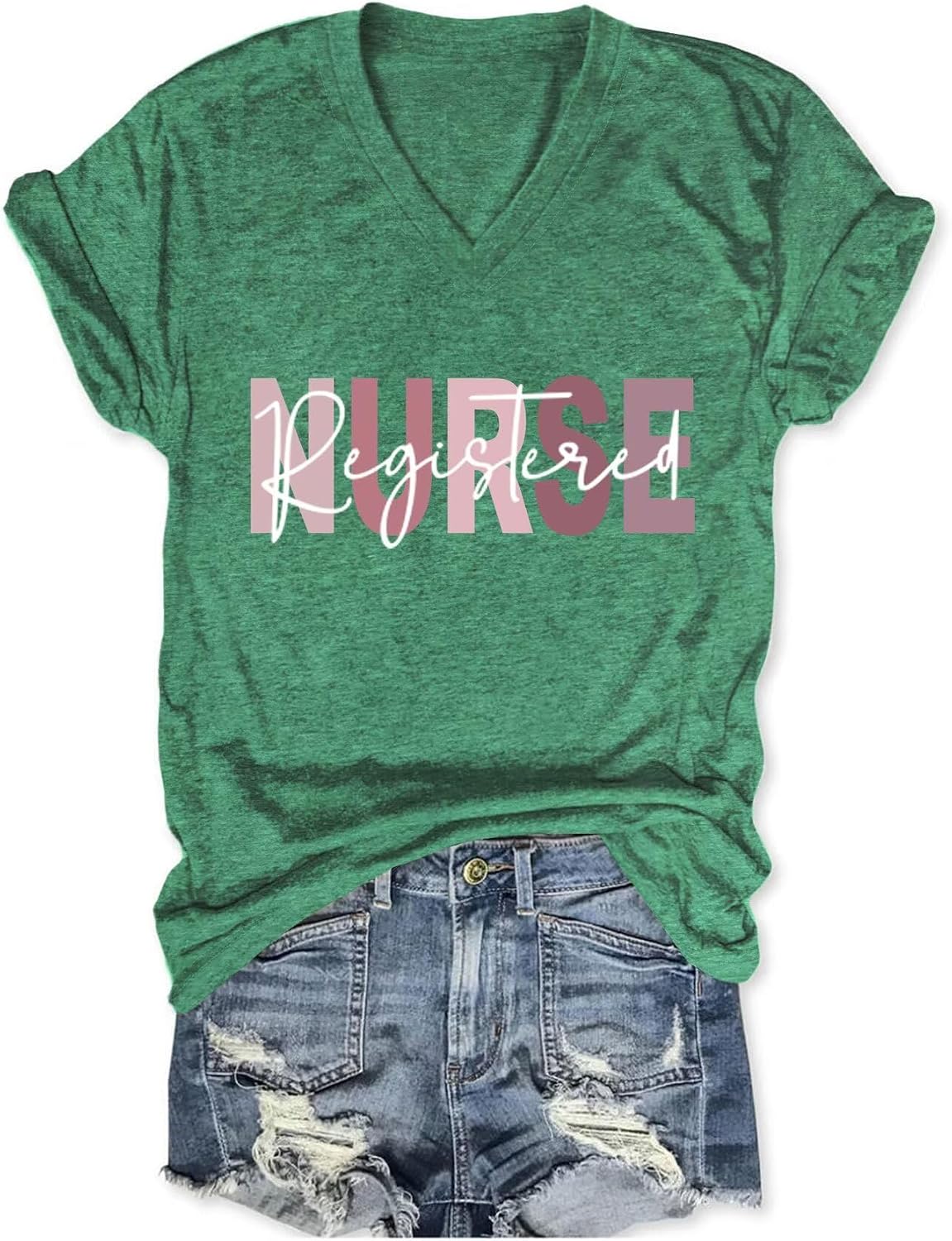 Registered Nurse V-Neck T-Shirt for Women Nurse Lover Shirts Short Sleeve Casual Tee for Medical Workers - Dark Green