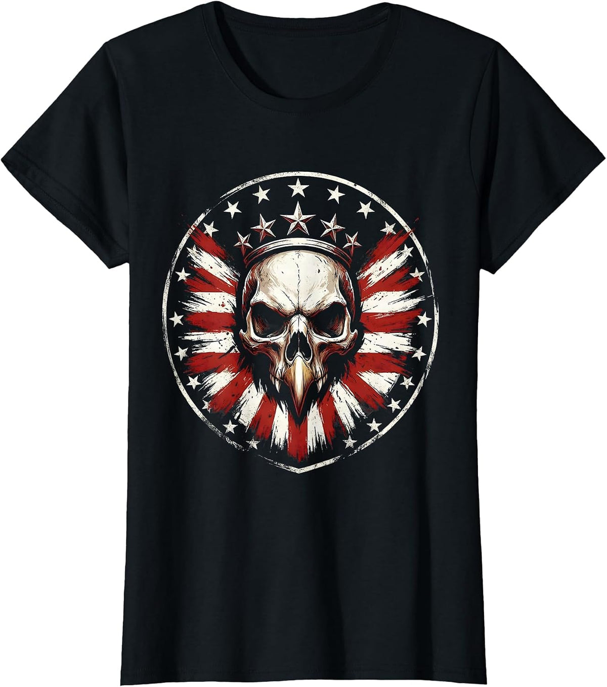 Women's Patriotic Bald Eagle Skull Star Crown Design T-Shirt - Black