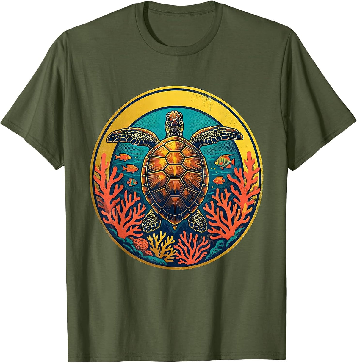 Men's Giant Sea Turtle Coral Reef Brazil Ocean Art T-Shirt - Olive Green