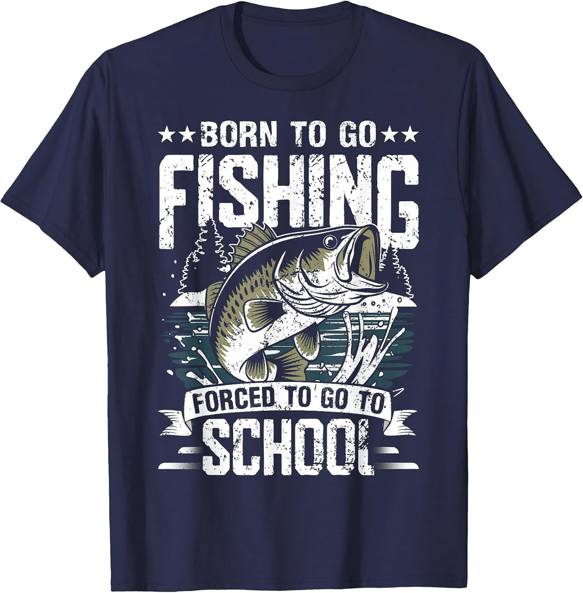 Teen Boys Fishing Shirt Forced to Go to School Bass Fish T-Shirt - Navy Blue