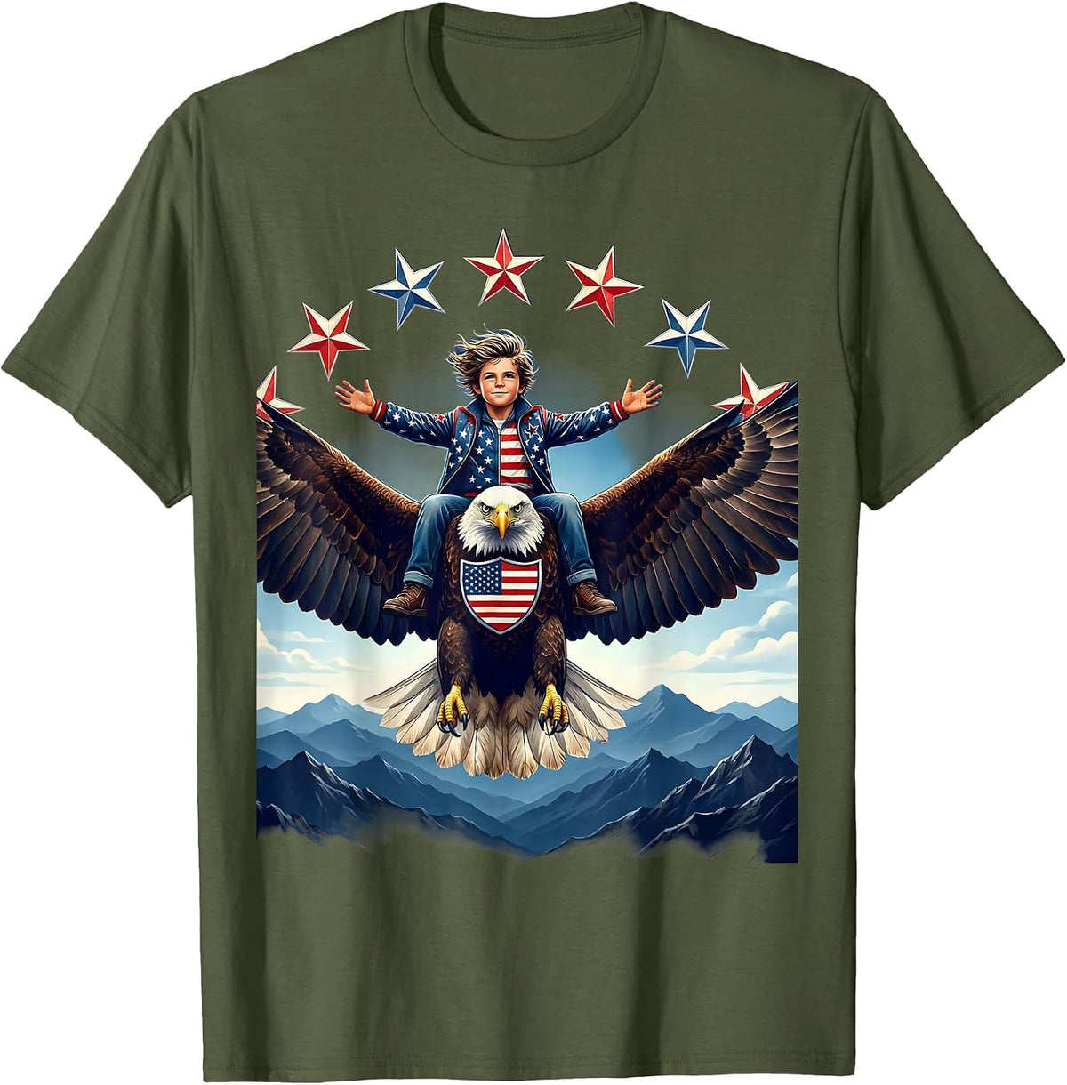 Men's American Flag Bald Eagle Mountain Rider Design T-Shirt - Olive Green