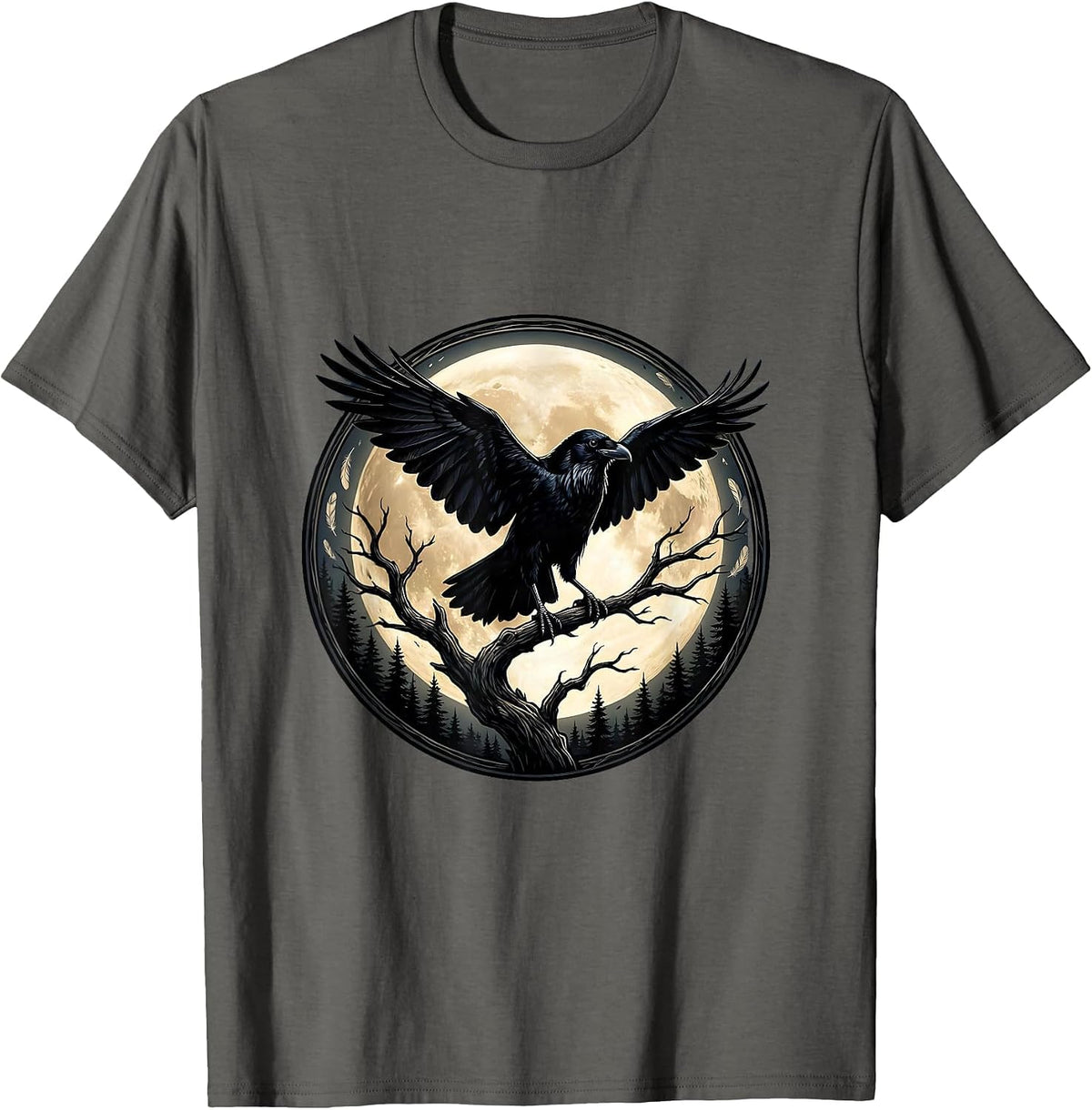 Men's Raven Silhouette Full Moon Gothic Night Sky T-Shirt - Asphalt Grey