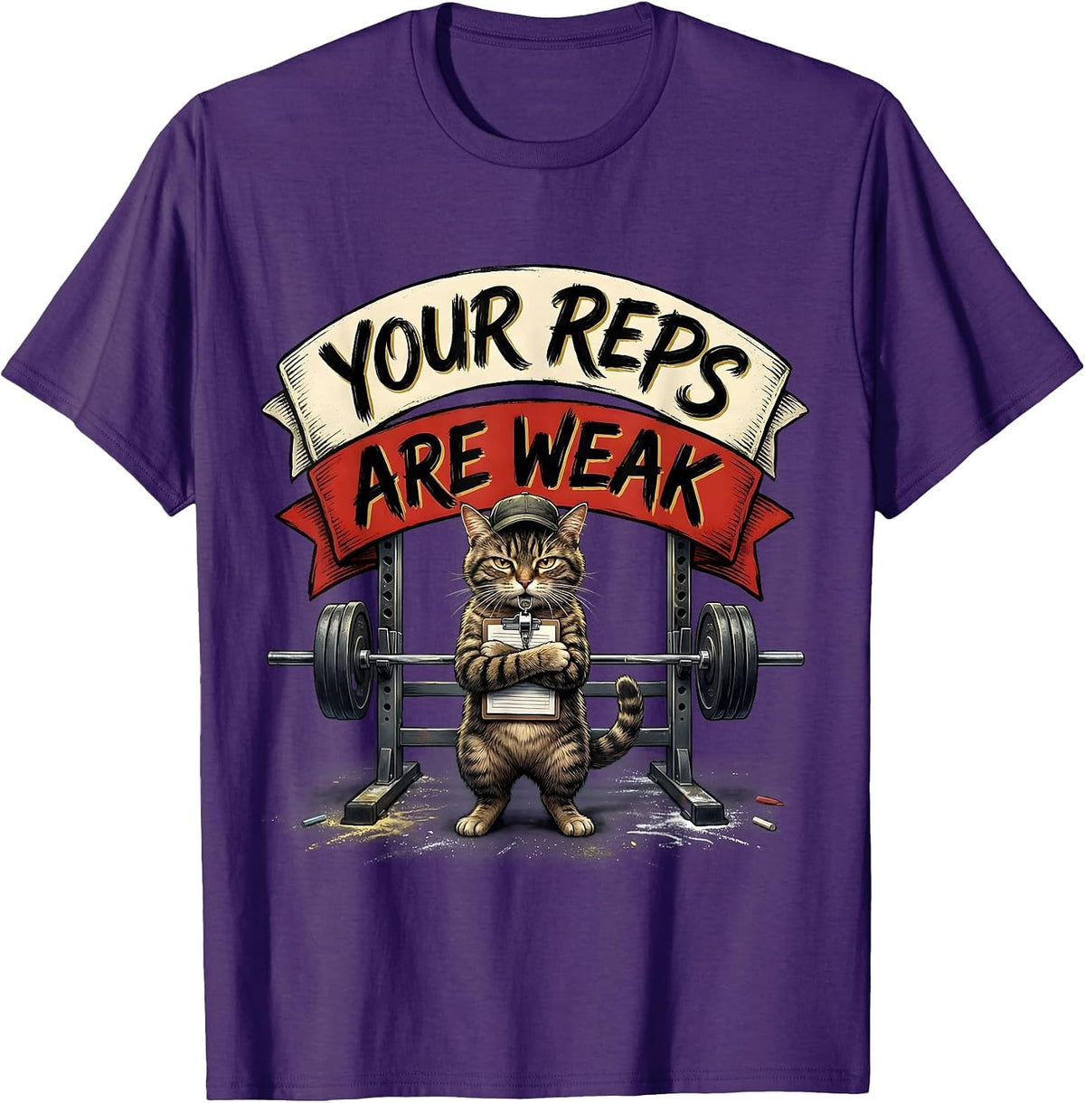 Men's Your Reps Are Weak Funny Gym Workout Cat Weightlifting Humor T-Shirt - Purple