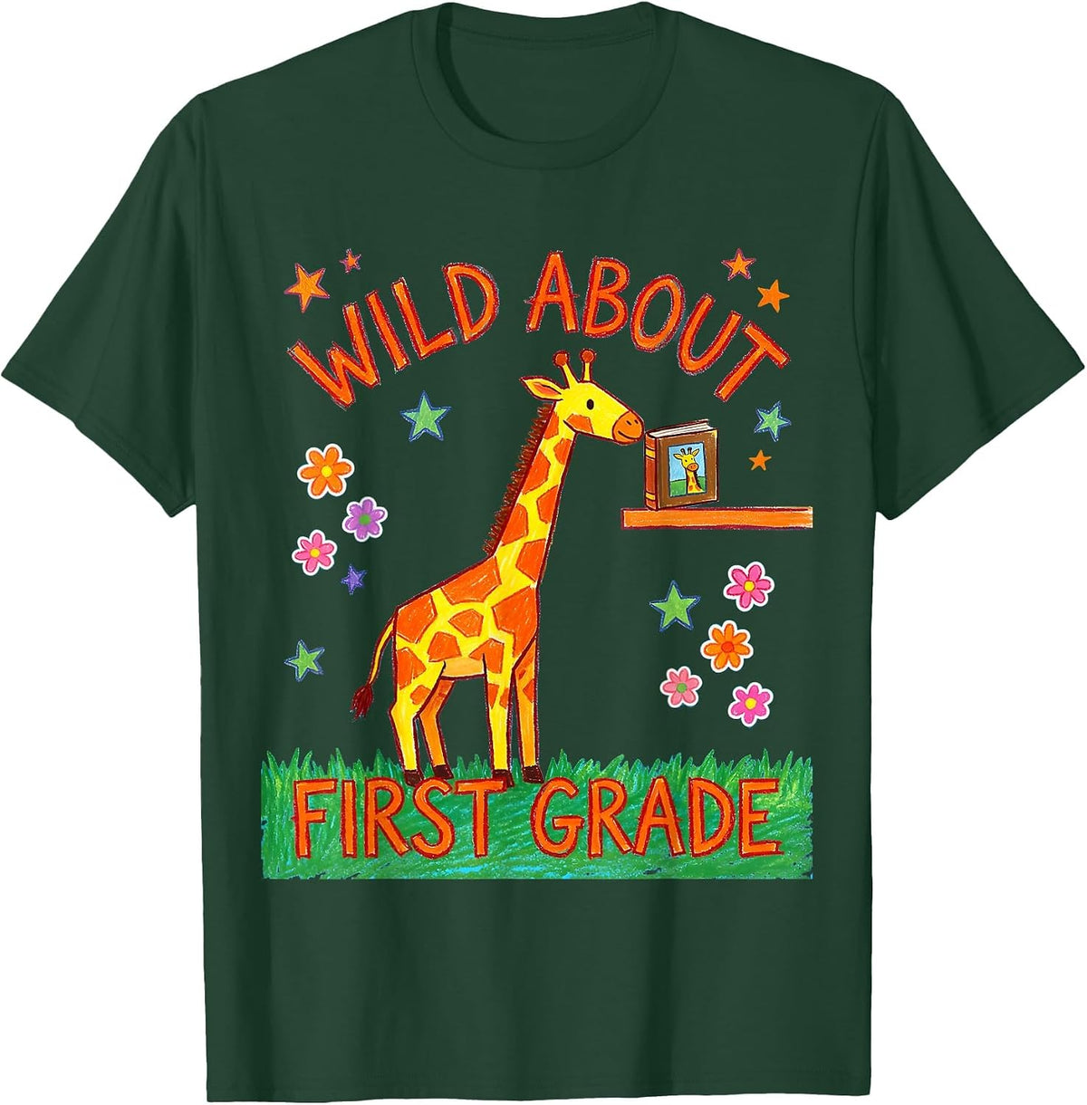 Wild About First Grade Naive Kidcore Teacher Back To School T-Shirt - Dark Green