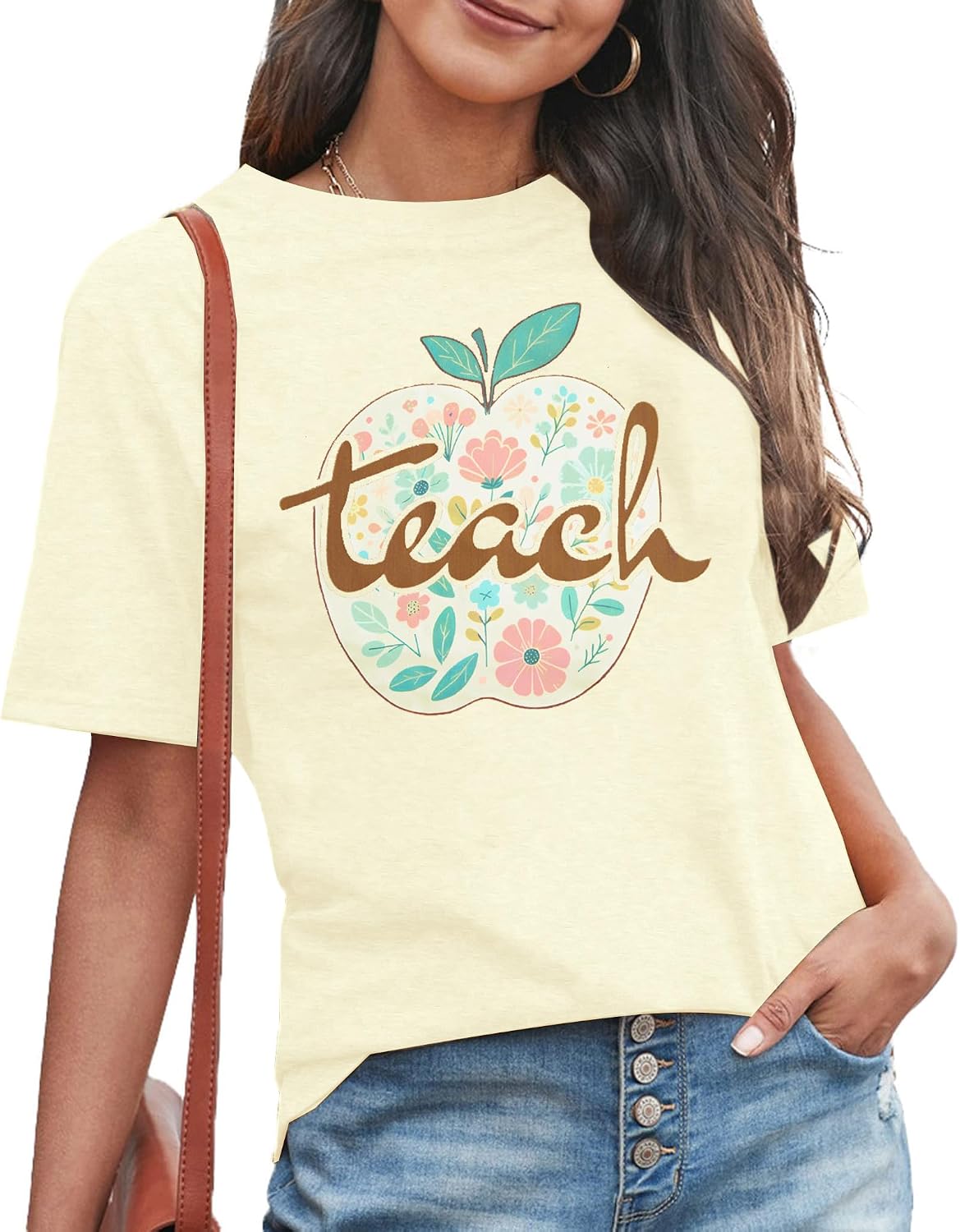 Teacher Shirts for Women Funny Kindergarten Teacher Shirt Cute Graphic Shirt Crewneck Short Sleeve Top - Apricot-teach