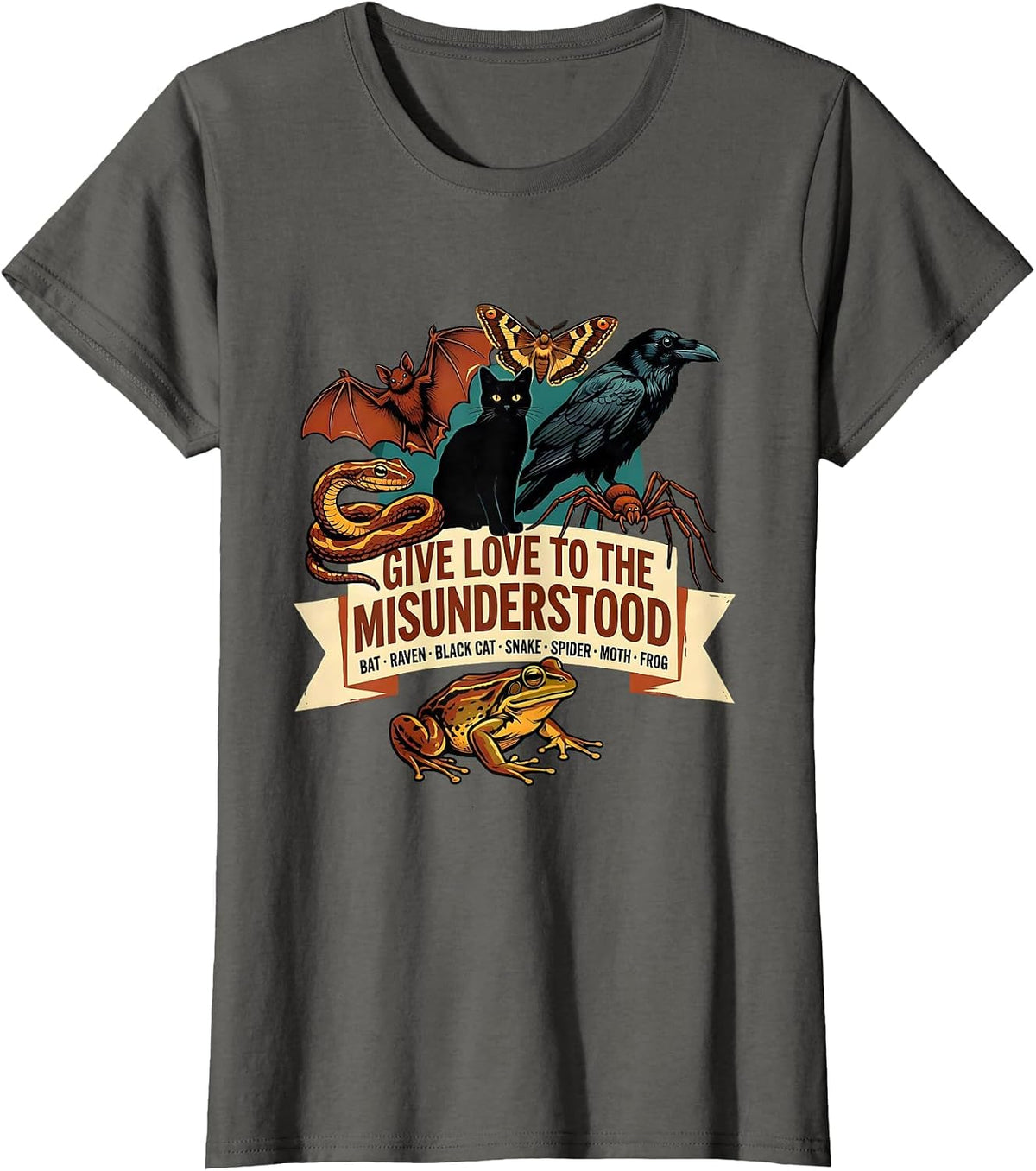 Women's Give Love To The Misunderstood Bat Raven Snake Spider Cat T-Shirt - Asphalt Grey