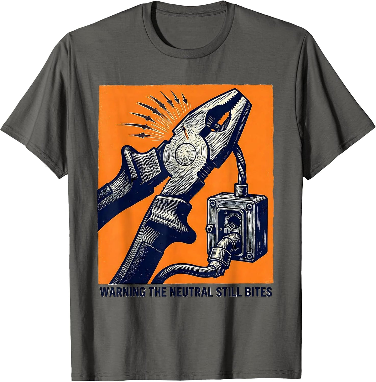 WARNING THE NEUTRAL STILL BITES Funny Electrician Lineman T-Shirt - Asphalt Grey