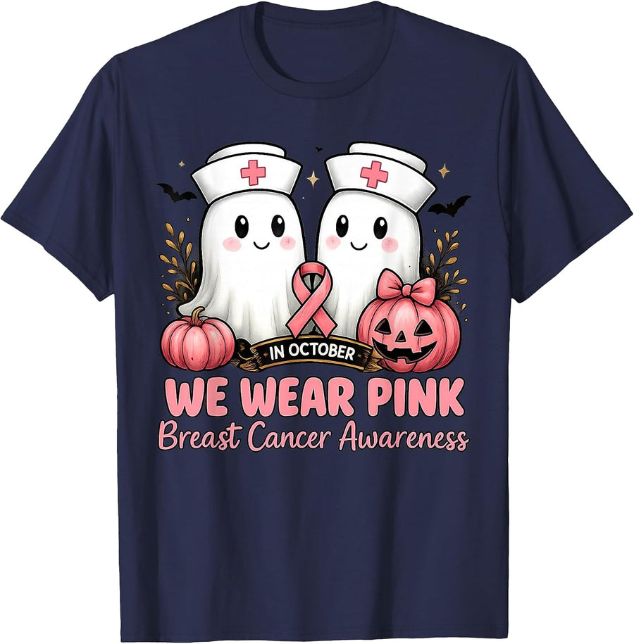 in October We Wear Pink Ghost Nurse Breast Cancer Awareness T-Shirt - Navy Blue