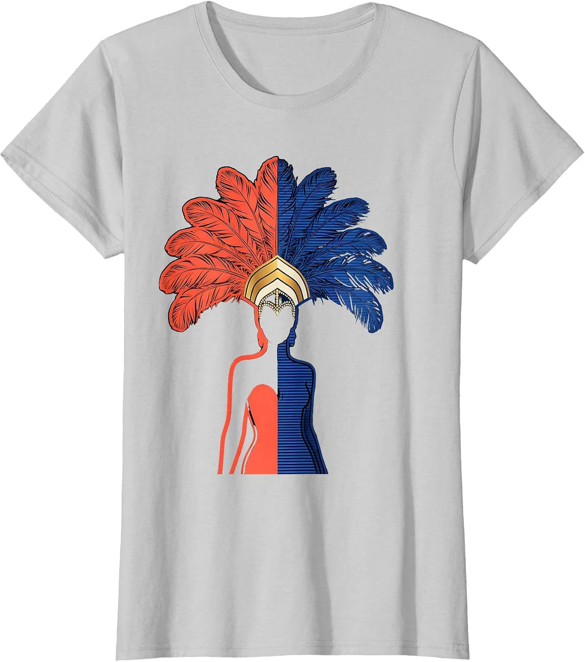 Showgirl Silhouette Feathered Headdress Design T-Shirt - Silver Grey