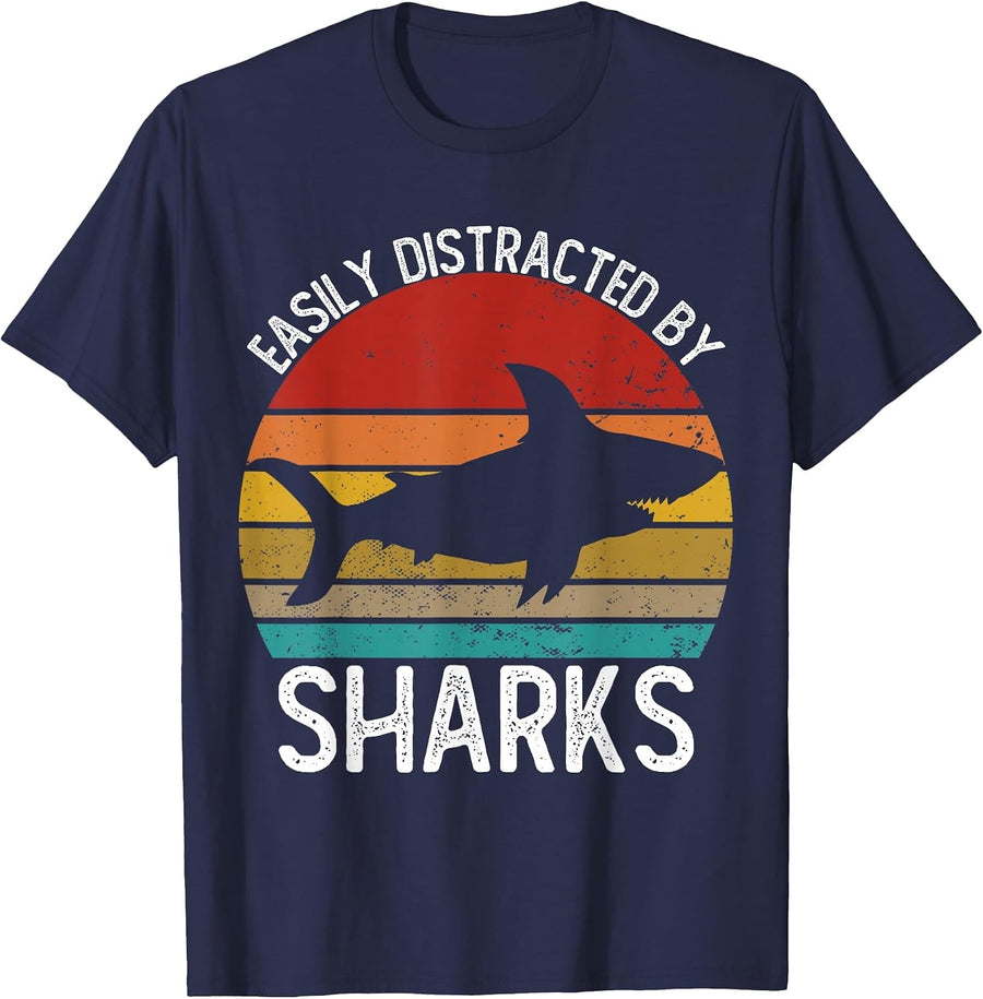 Easily Distracted By Sharks Shirts Vintage Shark T-Shirt - Navy Blue