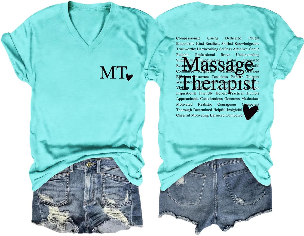 Massage Therapist Shirts for Women Summer V-Neck Short Sleeve Funny Letter Print Tees Massage Therapy Shirt - Sky Blue