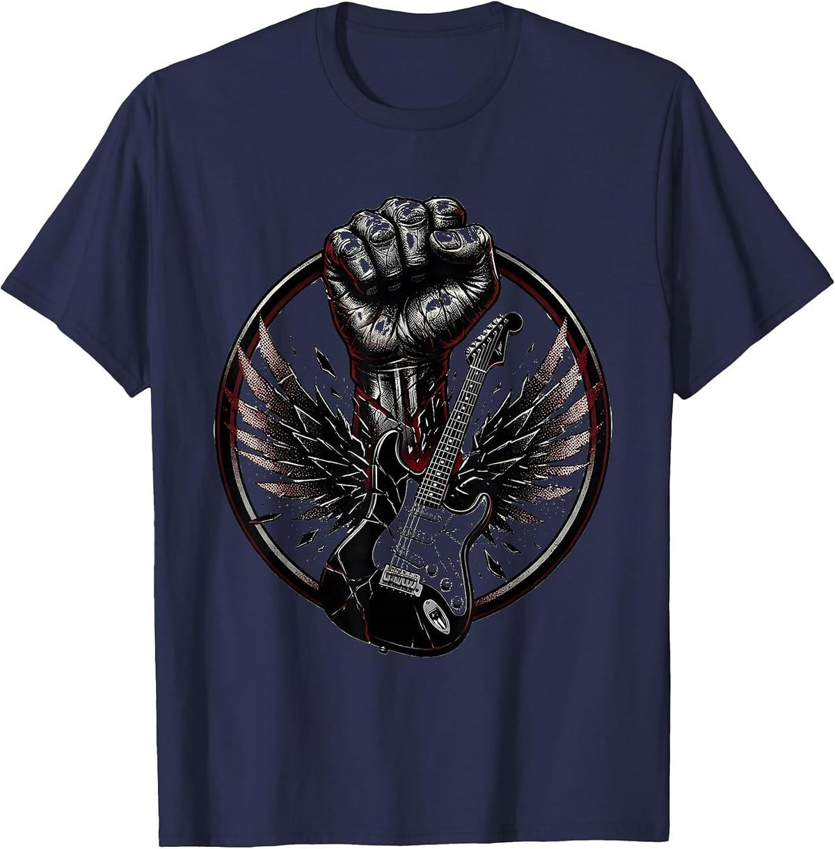 Iron Fist Crushing Guitar Metal Band Graphic T-Shirt - Navy Blue