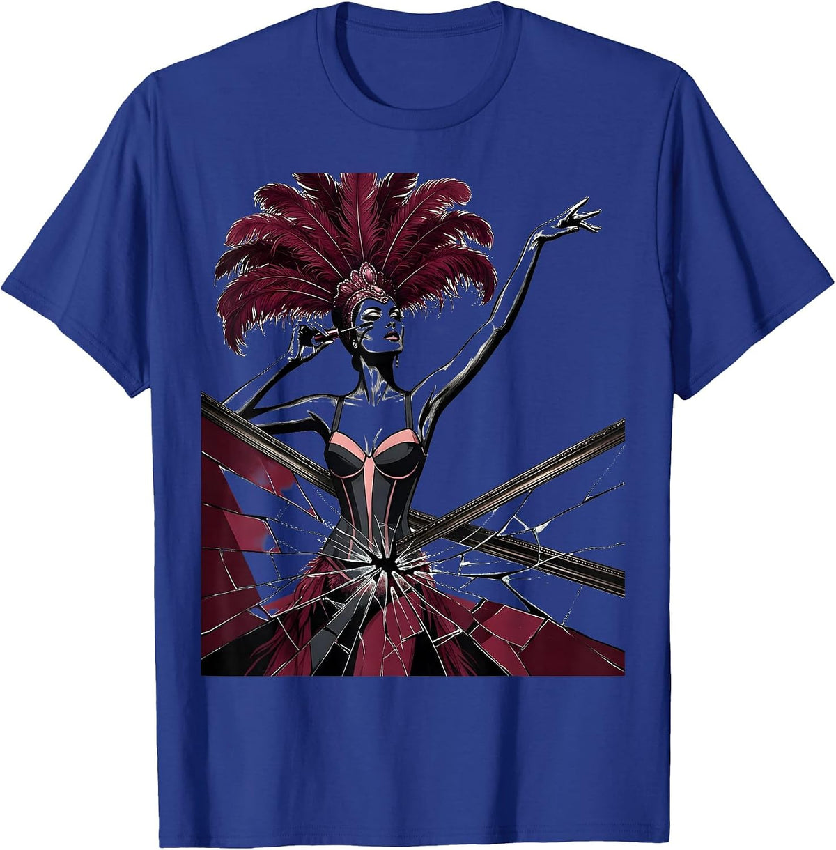 Showgirl Applying Mascara in Cracked Mirror T-Shirt - Royal Blue