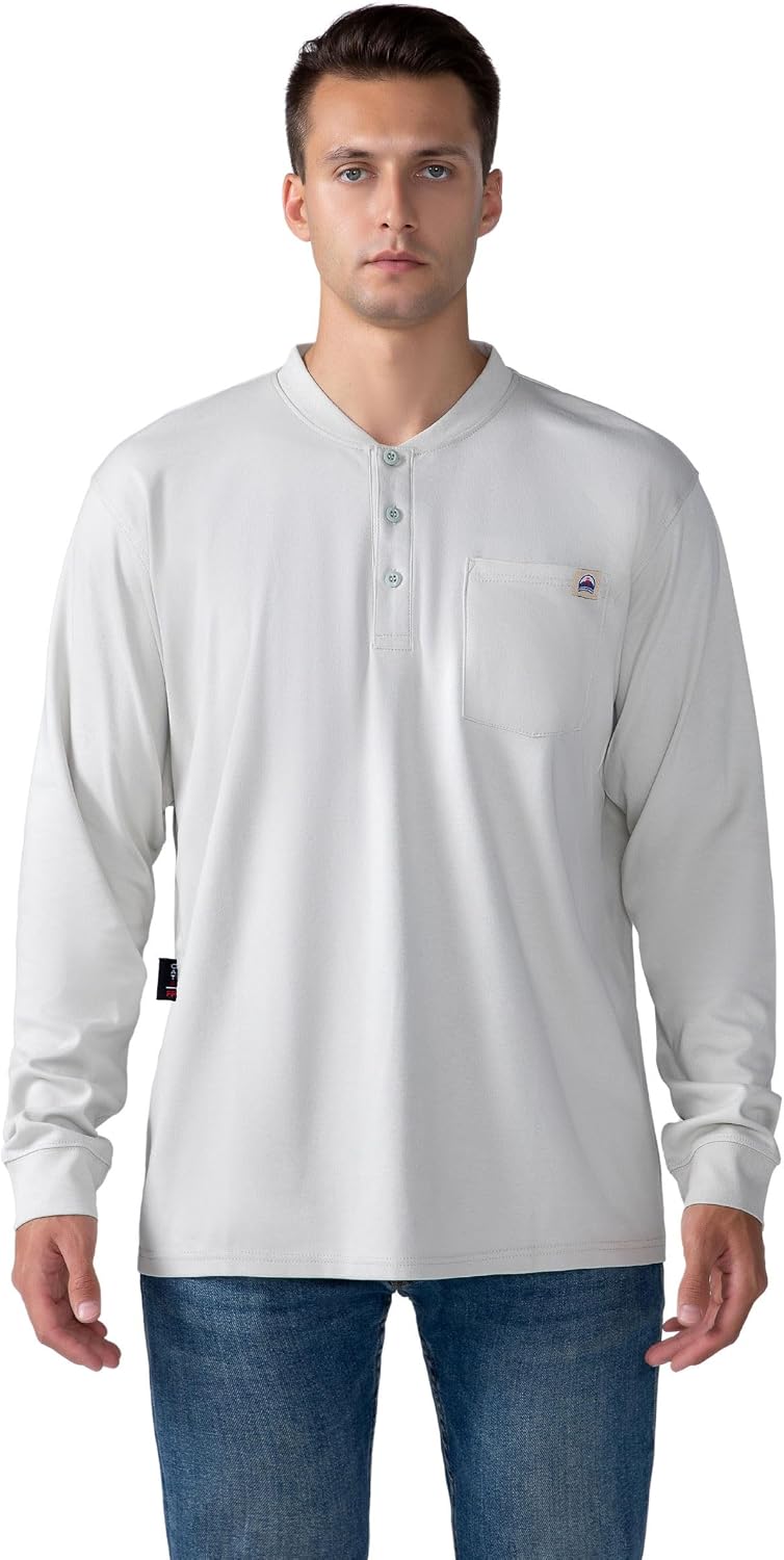 FR Henley Shirts for Men Flame Resistant Lightweight Welding 6.5oz 100% Cotton CAT2 Long Sleeve Fire Retardant FRC Clothing