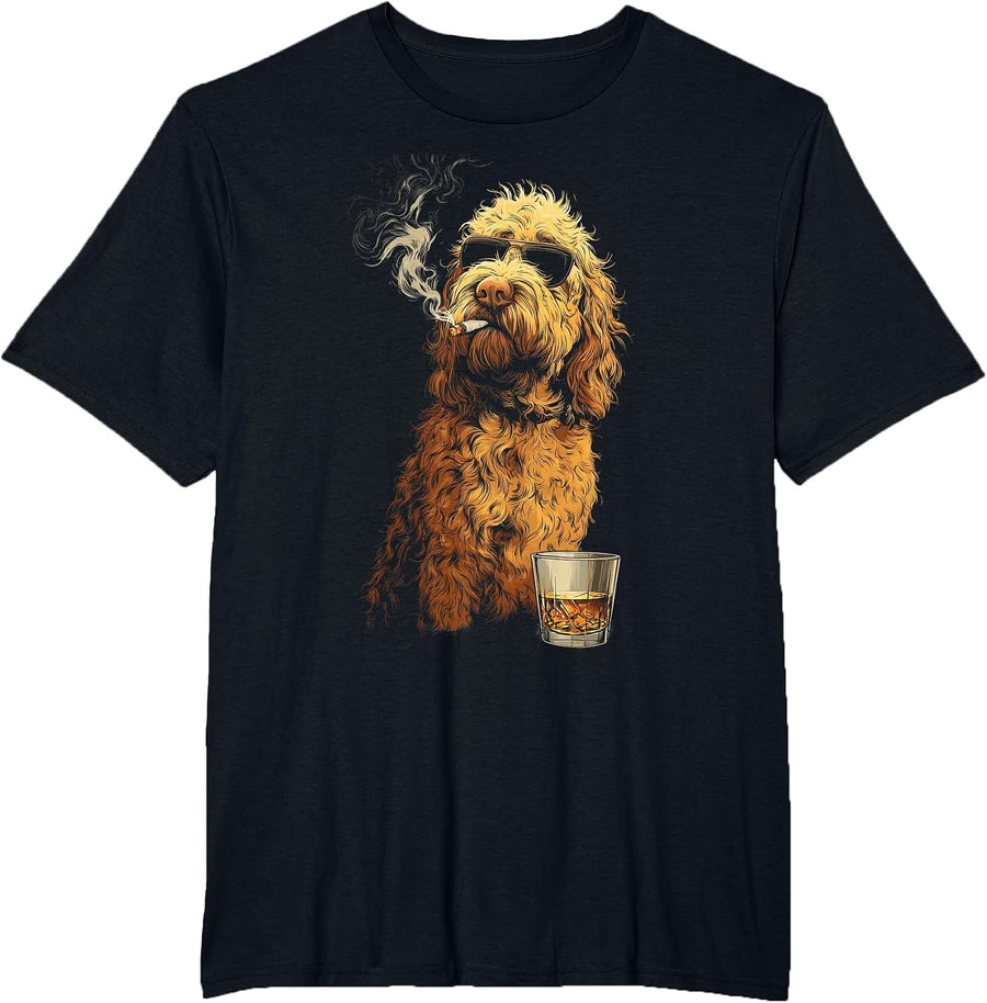 Goldendoodle Smoking Cigarette Whisky Lover Funny Doodle Dog T-Shirt - Black