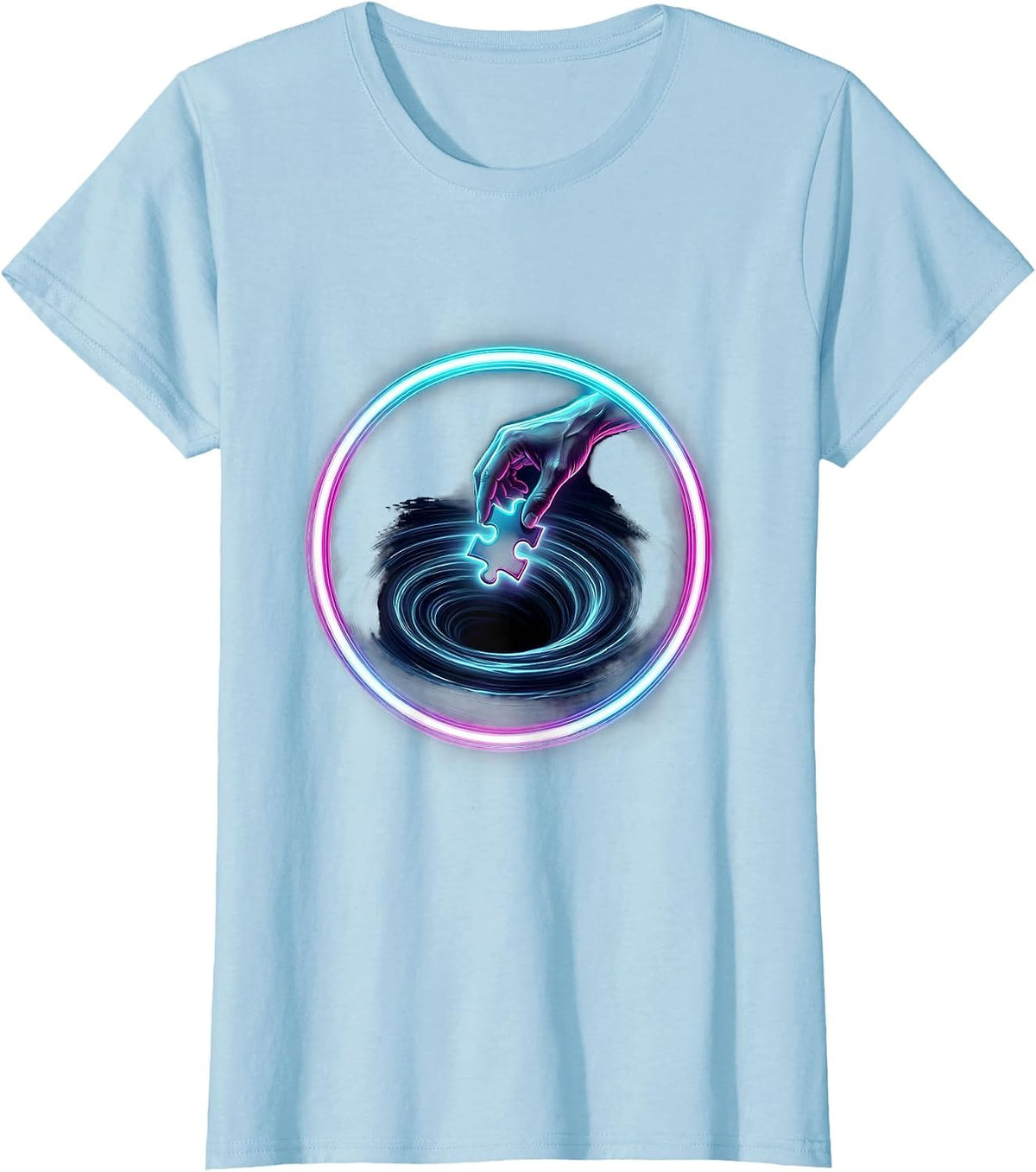 Hand Dropping Puzzle Piece Into Dark Void Graphic T-Shirt - Baby Blue