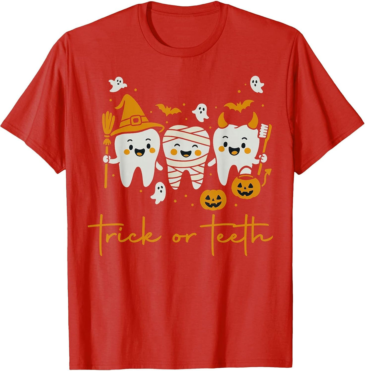 Funny Trick Or Teeth Dental Squad Halloween Dentist T-Shirt - Red