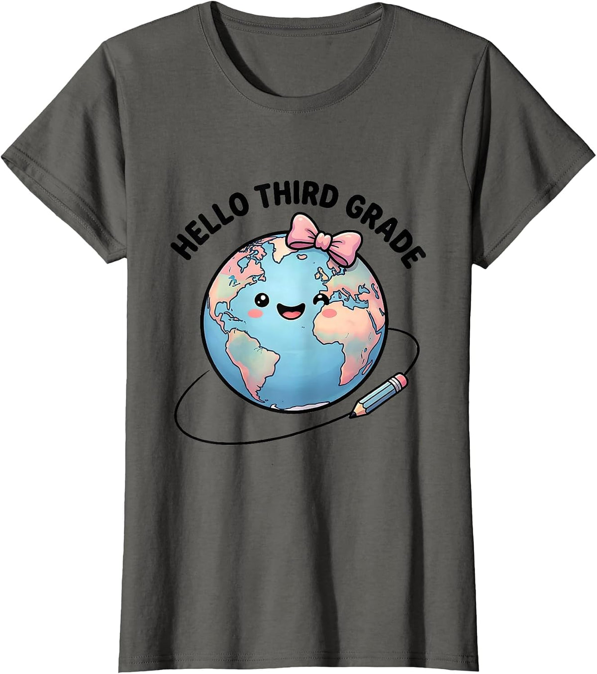Women's Hello Third Grade Cute Kawaii Back to School Bow Pencil T-Shirt - Asphalt Grey