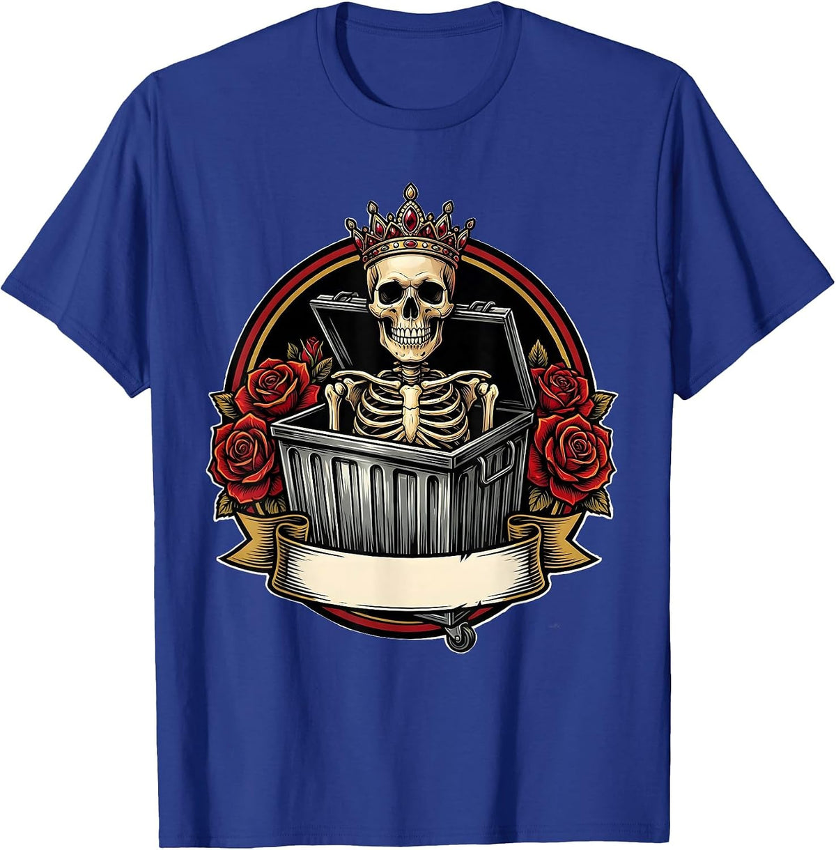 Skull Tiara Dumpster Funny Tattoo Culture Art T-Shirt - Royal Blue