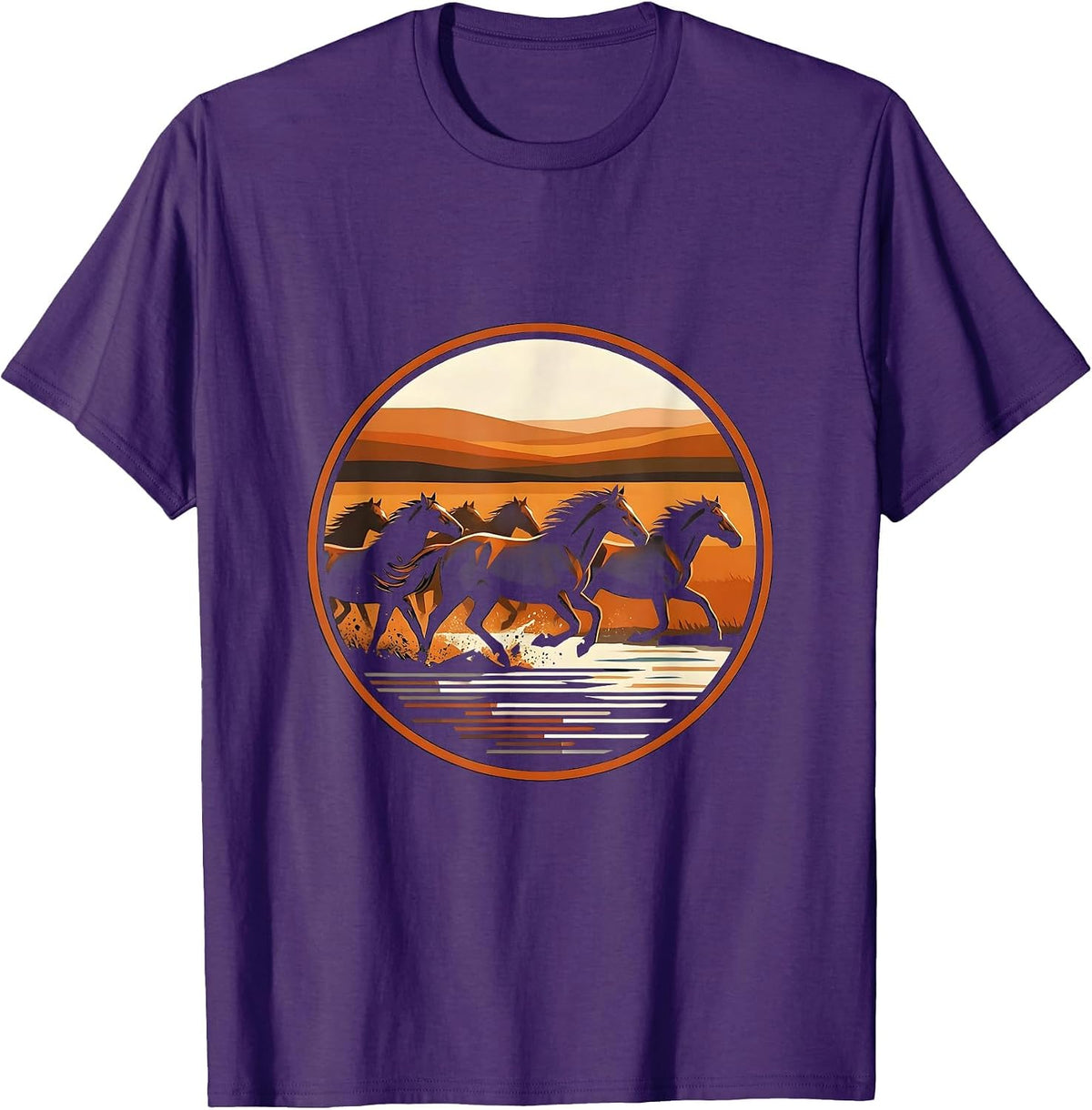 Wild Horse Herd Stampede River Crossing Illustration T-Shirt - Purple