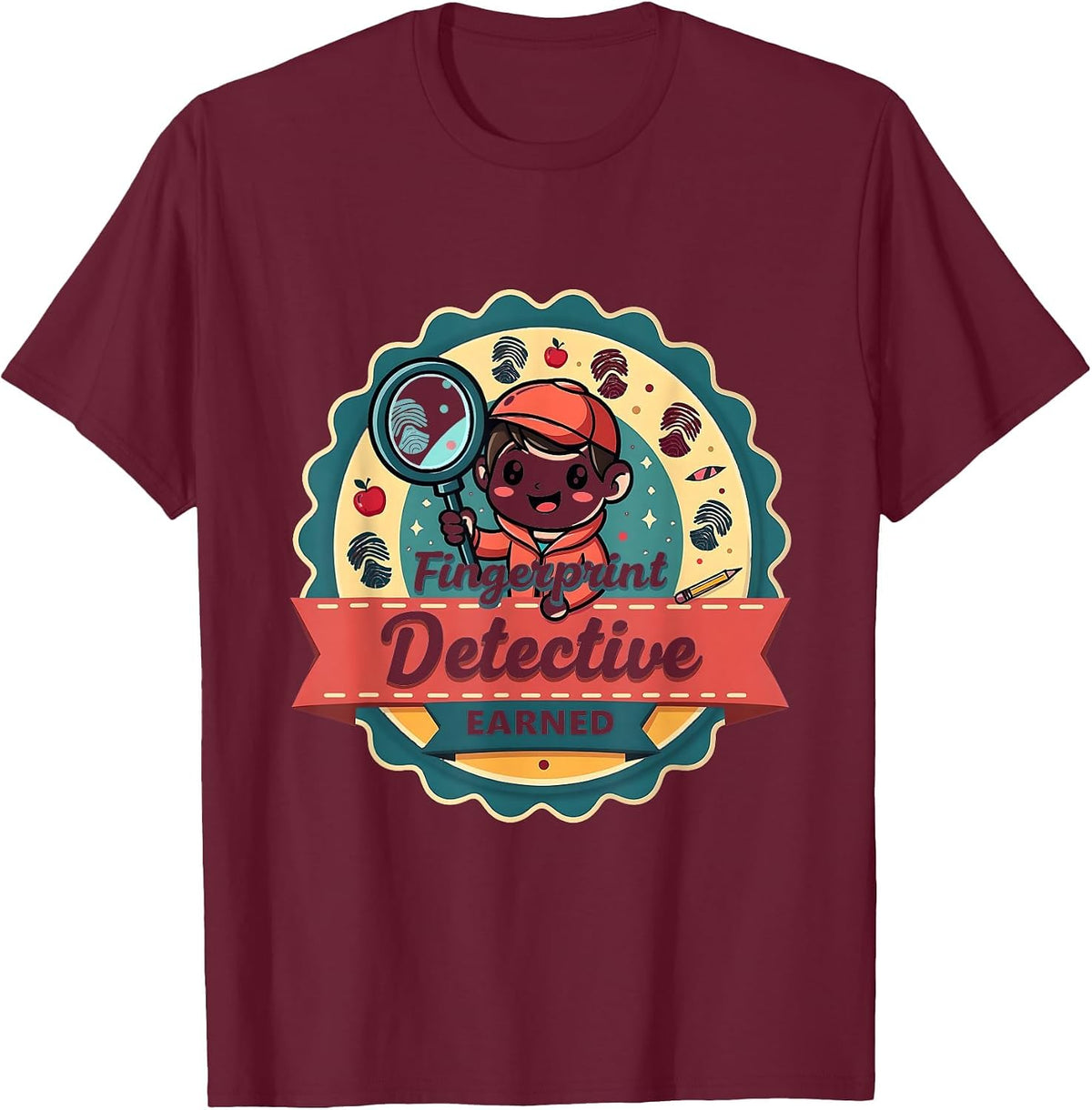 Fingerprint Detective Badge Elementary Teacher T-Shirt - Burgundy